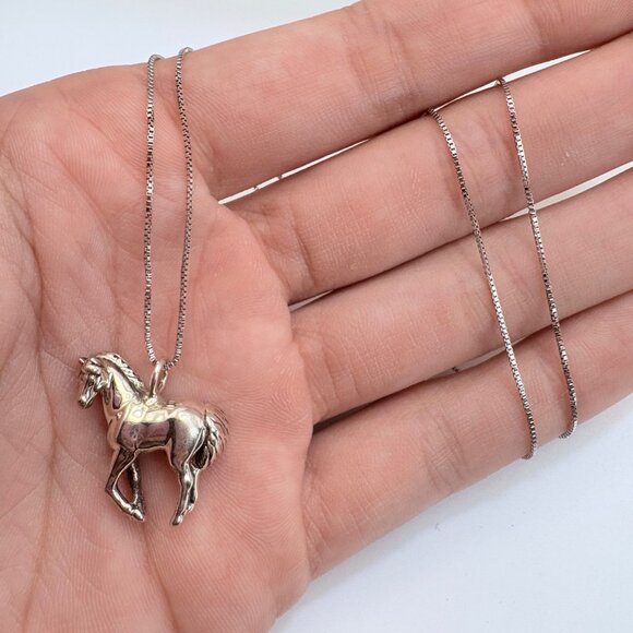 VTG Sterling Silver 925 Horse Pendant Box Link Chain Necklace Size 18" Length - Picture 6 of 14